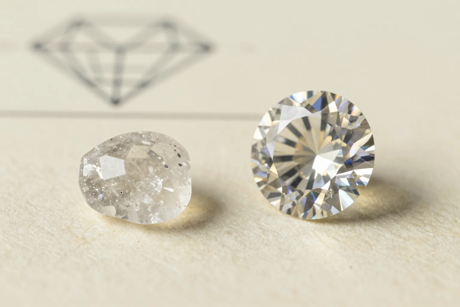 Un brut de diamant givré et un brillant rond taillé, côte à côte sur un papier ivoire au tracé gemmologique