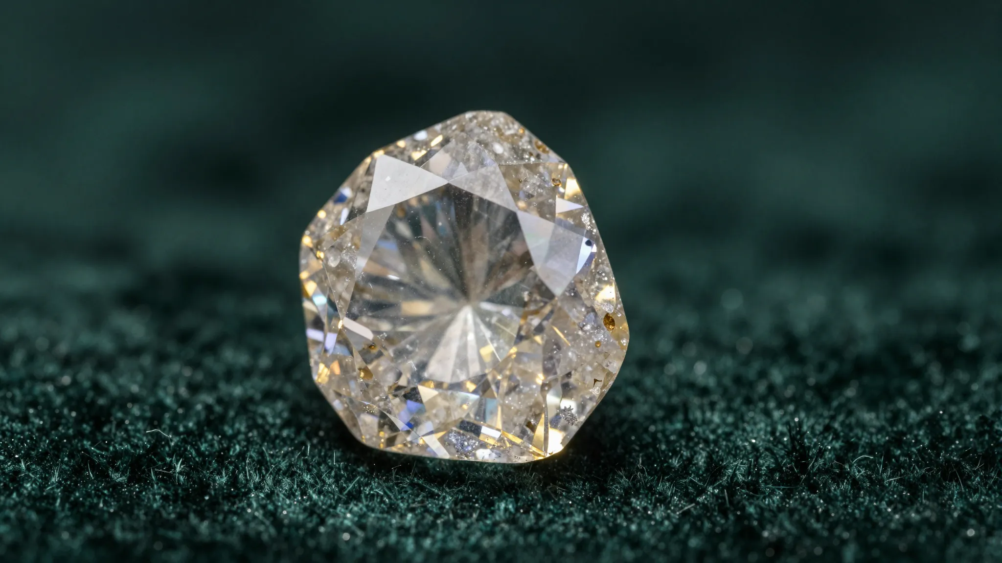 Diamant taillé posé sur un velours vert profond, dans une lumière champagne